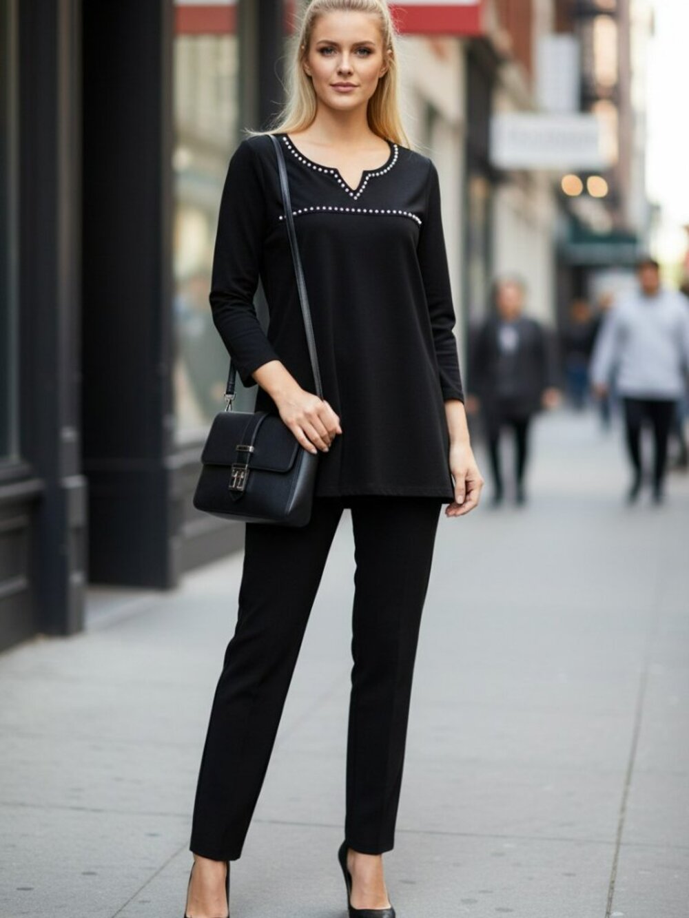 Karen Scott Black Studded Rhinestone V-Neck Tunic Top S